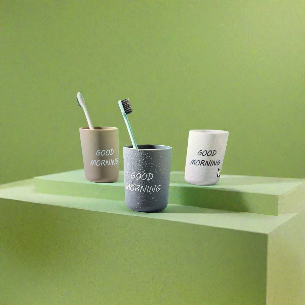 GOOD MORNING Green Background Mouthwash Cup set with two toothbrushes and water droplet design Specification image
