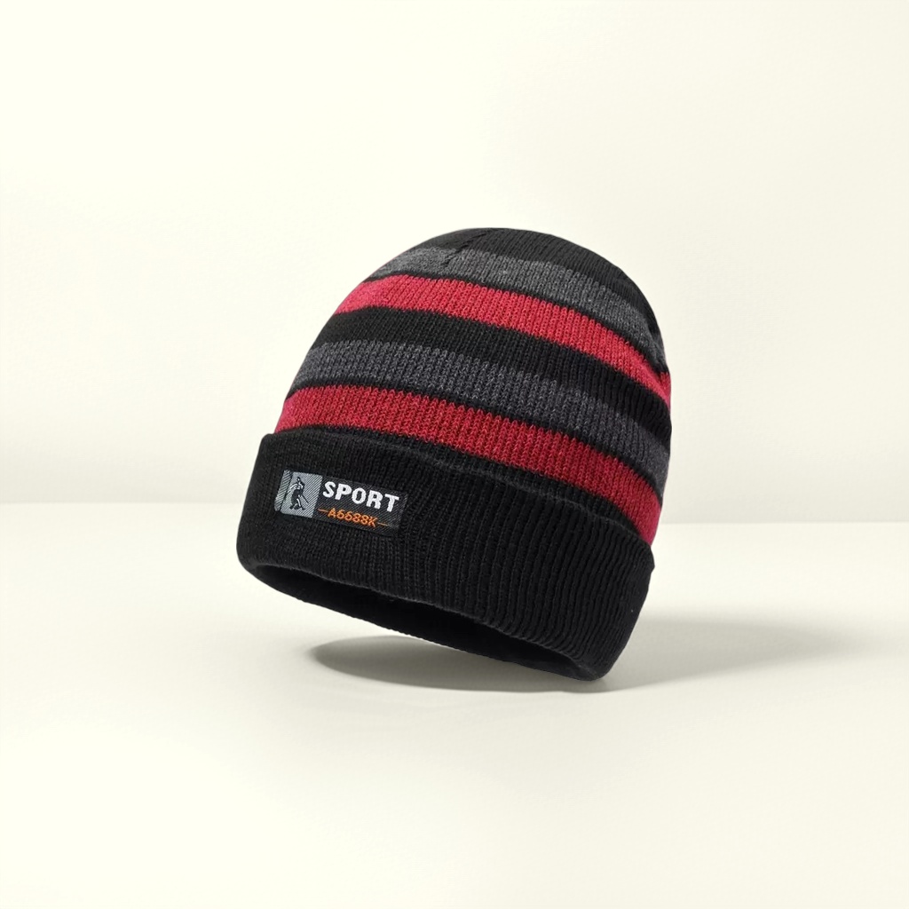 Red, black and grey striped knitted caps for both men and women, warm woolen caps, fashionable accessories for autumn and winter details Picture