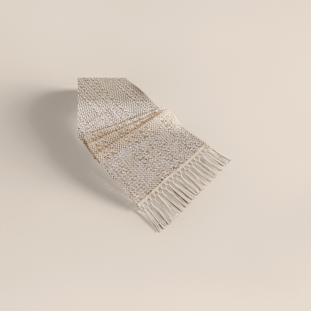 The off-white crochet table flag is fringed with tassels Application Scenario