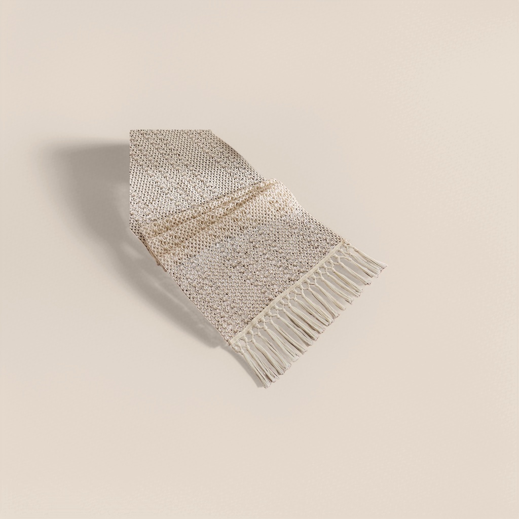 The off-white crochet table flag is fringed with tassels details Picture