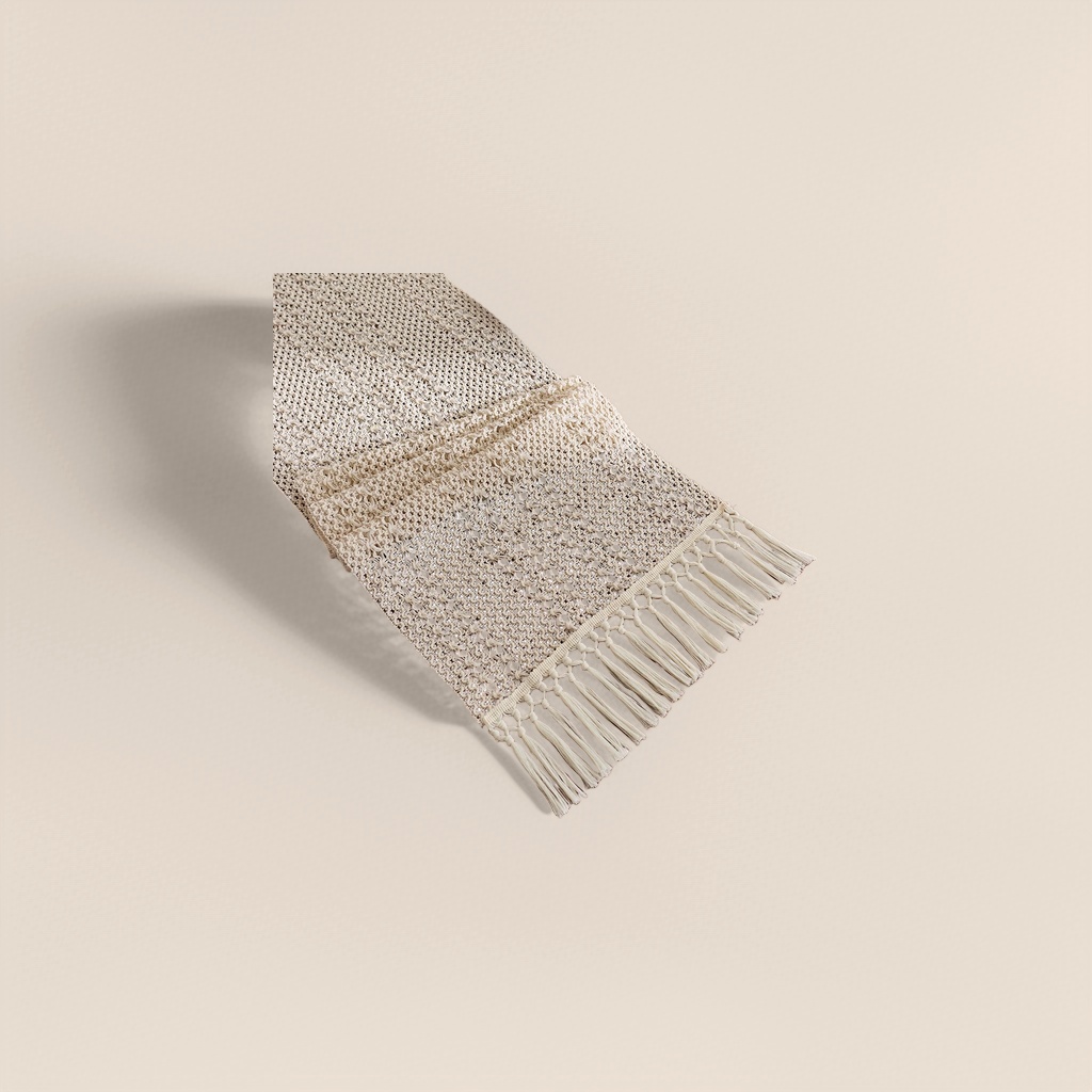 The off-white crochet table flag is fringed with tassels Specification image