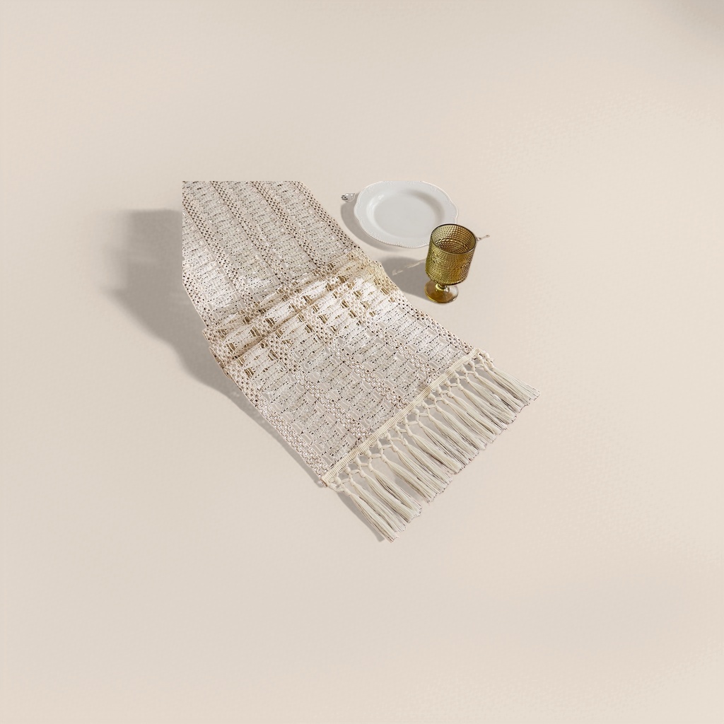 The off-white crocheted table flag is decorated with tassels Specification image