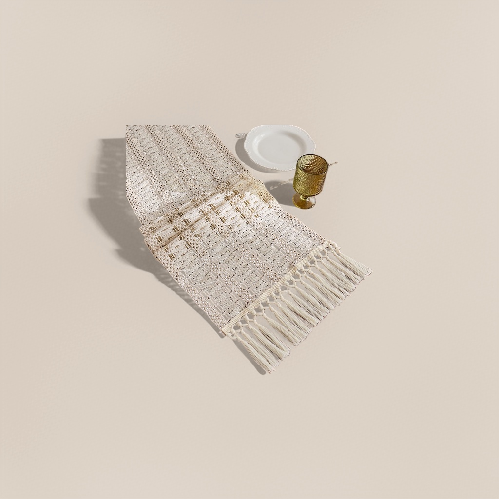 The off-white crocheted table flag is decorated with tassels details Picture