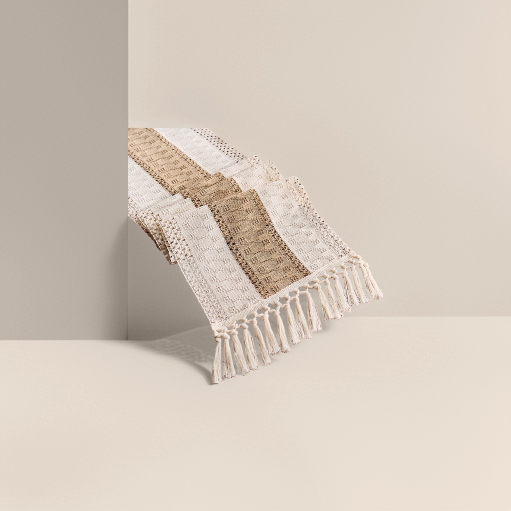 The beige and brown crochet table flag is decorated with tassels details Picture