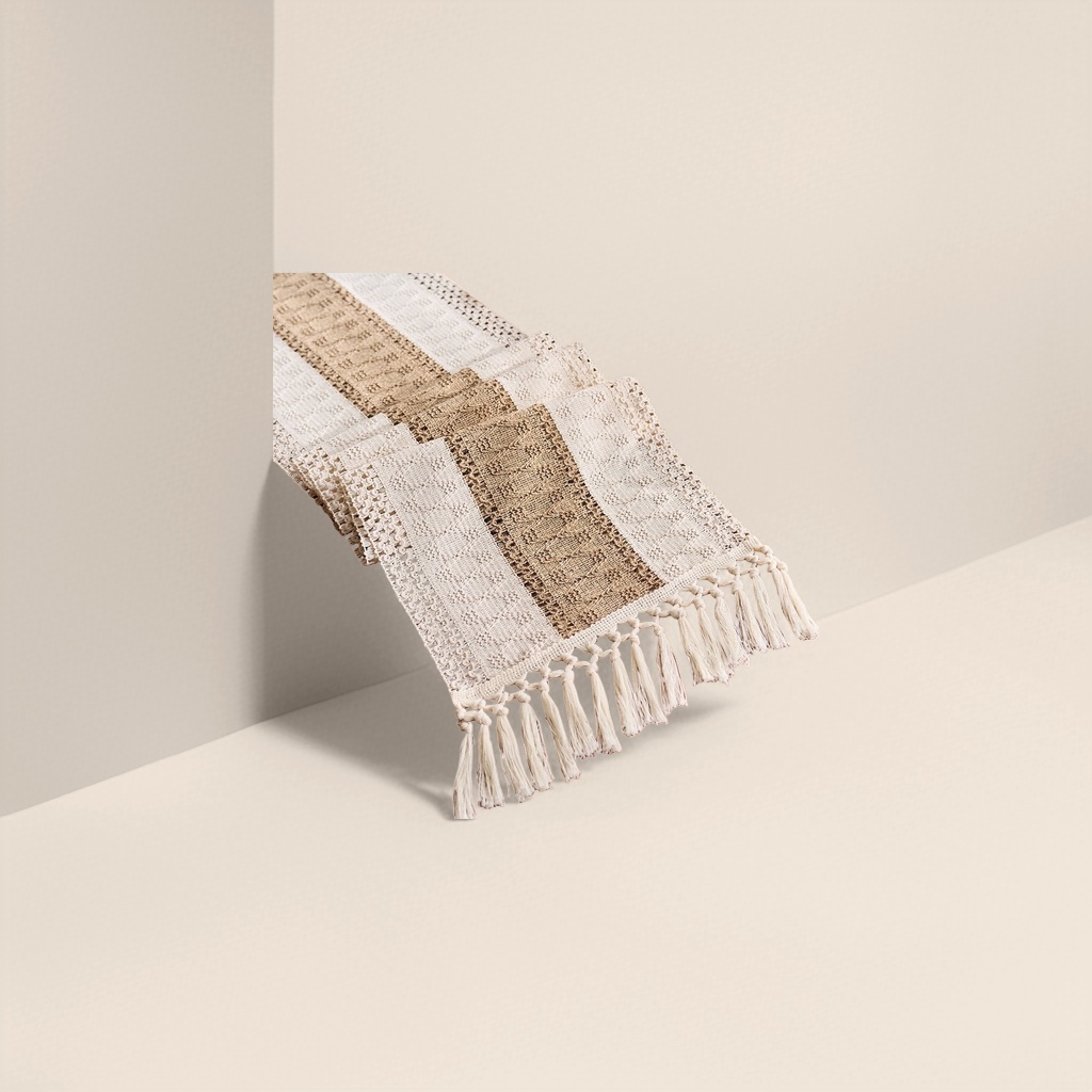 The beige and brown crochet table flag is decorated with tassels Specification image