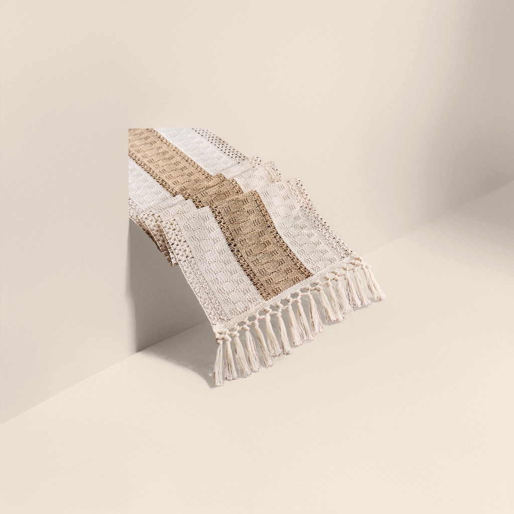 The beige and brown crochet table flag is decorated with tassels Application Scenario