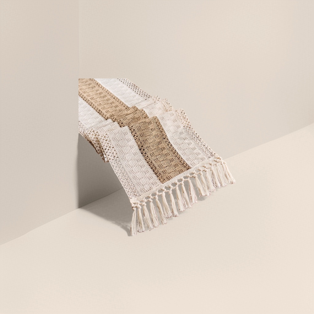 The beige and brown crochet table flag is decorated with tassels Item Picture