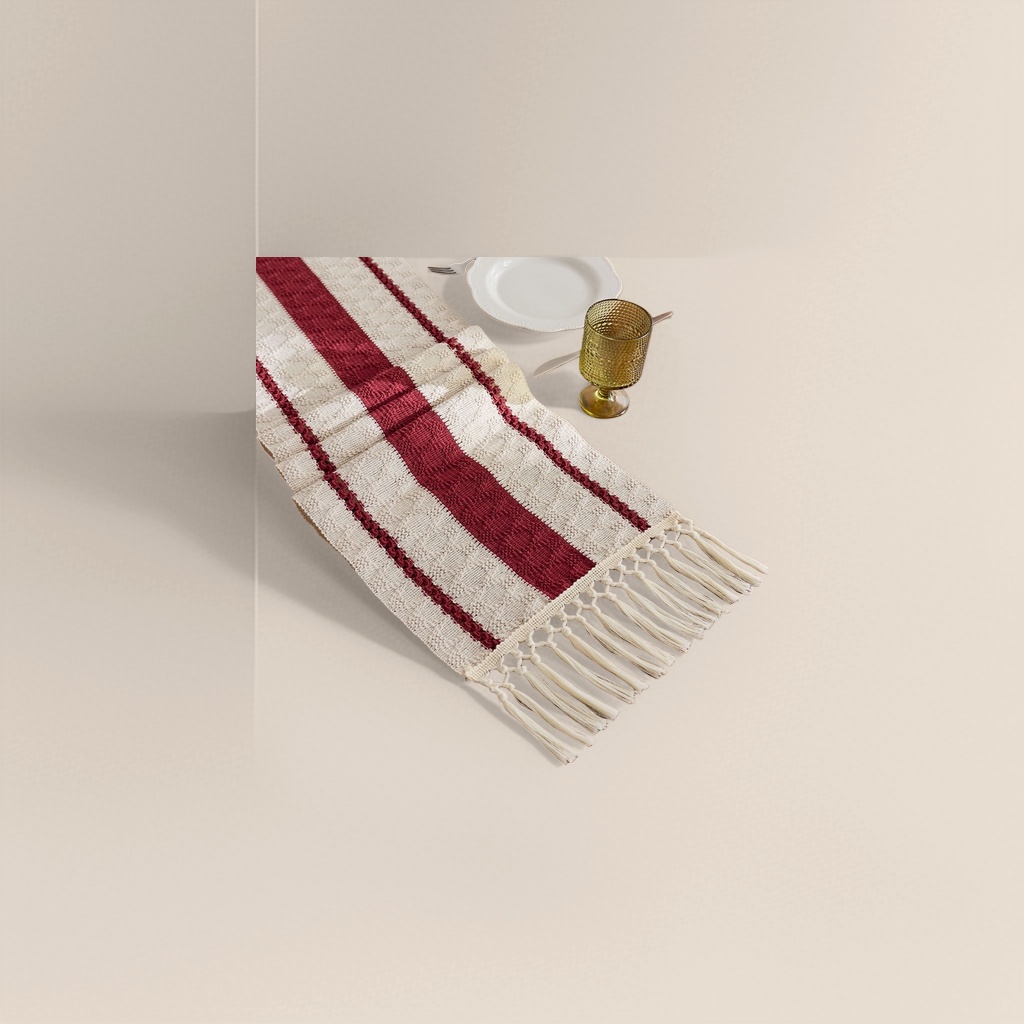 Red and white striped tassel table flag, Nordic-style living room dining table decoration fabric, linen blend details Picture