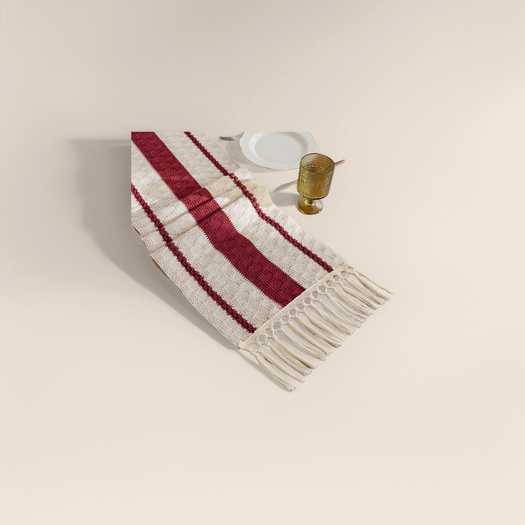 Red and white striped tassel table flag, Nordic-style living room dining table decoration fabric, linen blend Specification image