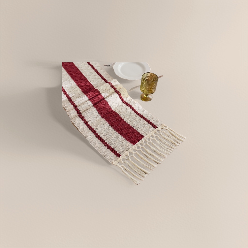 Red and white striped tassel table flag, Nordic-style living room dining table decoration fabric, linen blend Application Scenario