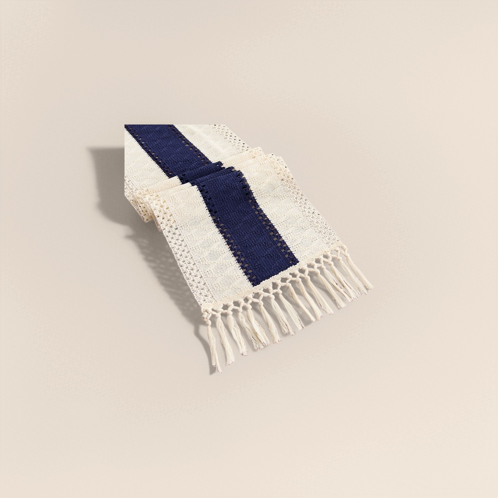 Blue and white striped tassel table flag, Nordic-style table decoration fabric, a blend of linen and cotton, 30cm wide and 180cm long Application Scenario