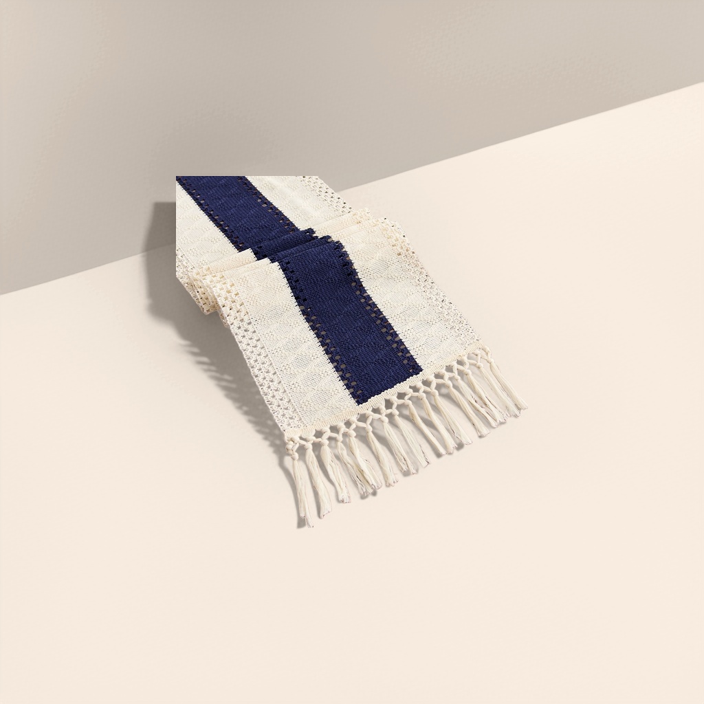 Blue and white striped tassel table flag, Nordic-style table decoration fabric, a blend of linen and cotton, 30cm wide and 180cm long details Picture