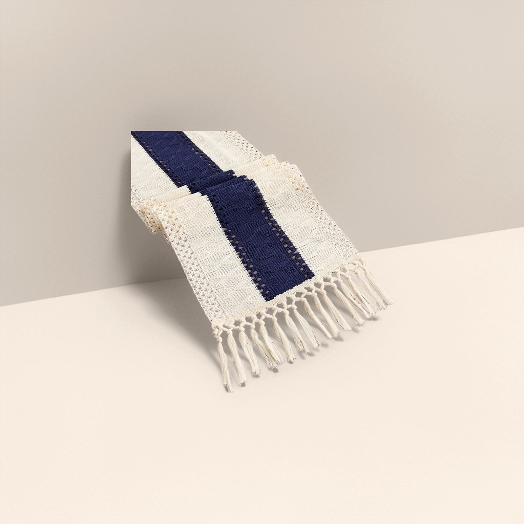 Blue and white striped tassel table flag, Nordic-style table decoration fabric, a blend of linen and cotton, 30cm wide and 180cm long Specification image