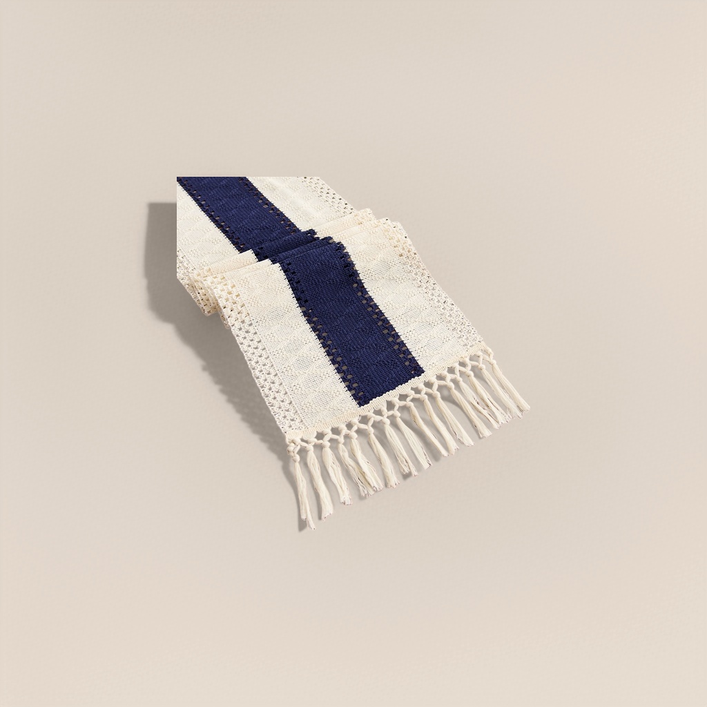 Blue and white striped tassel table flag, Nordic-style table decoration fabric, a blend of linen and cotton, 30cm wide and 180cm long Item Picture