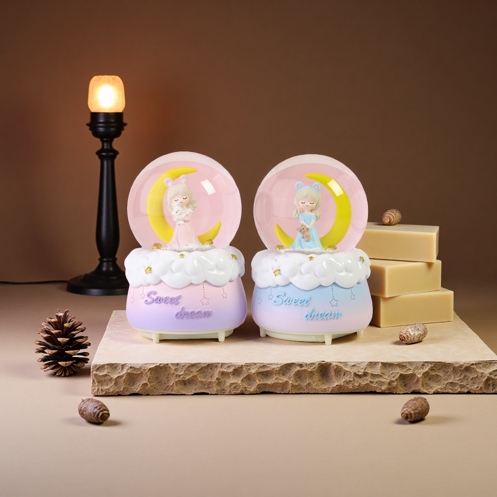 粉色蓝色渐变底座月光女孩水晶球含小女孩月亮小动物雪花云朵装饰Sweet dream