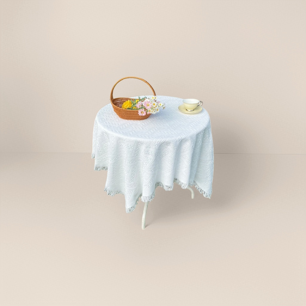 白色圆桌专用桌布 防滑加厚棉麻材质 直径150cm