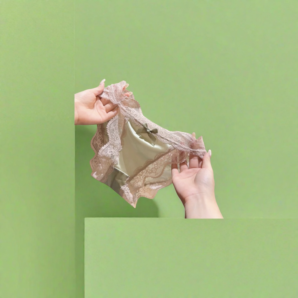 Light pink lace-trimmed beige satin underpants with green bow decoration on the waist side Application Scenario