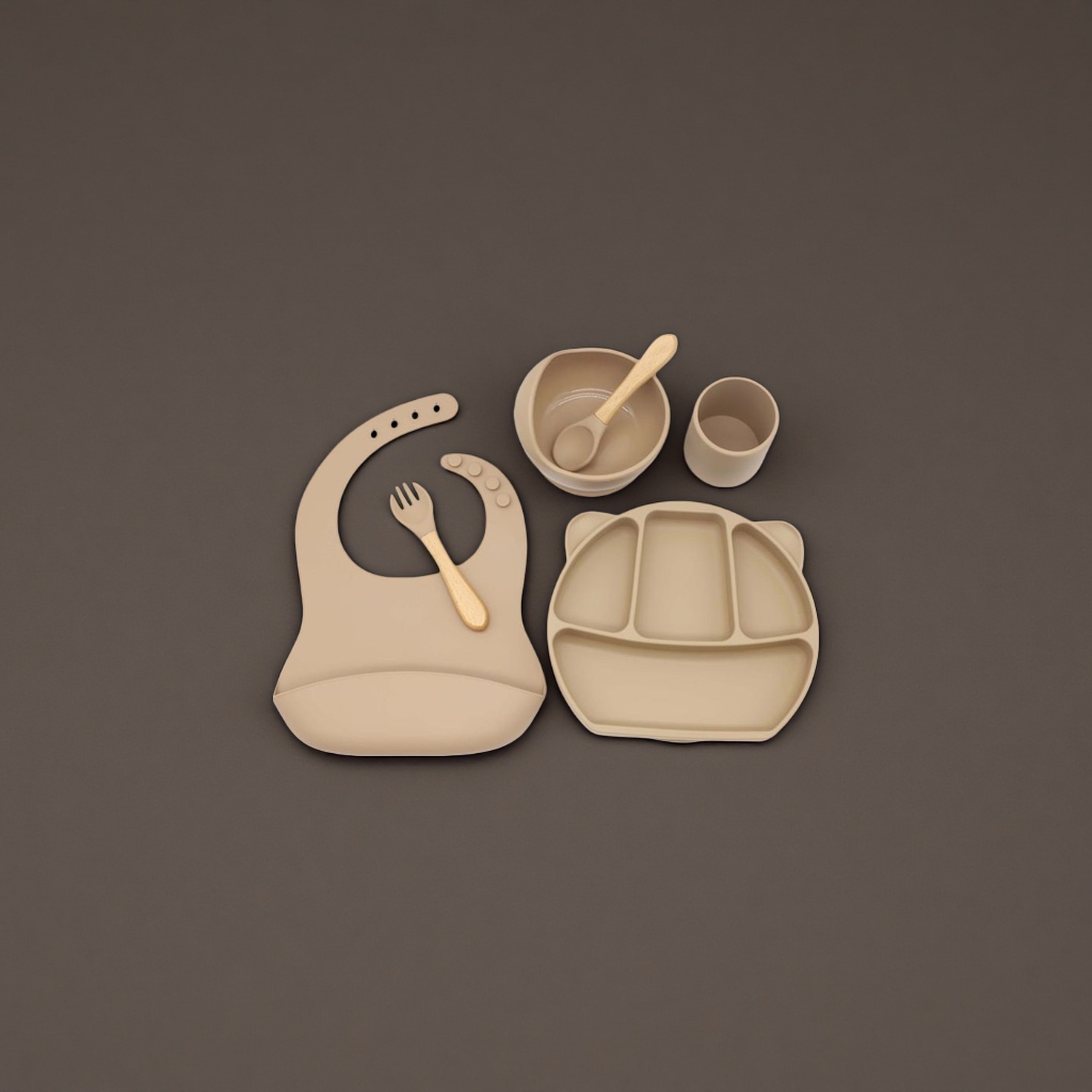 Beige silicone baby tableware set with bibs, compartments, plates, bowls and cups, and wooden handles Specification image