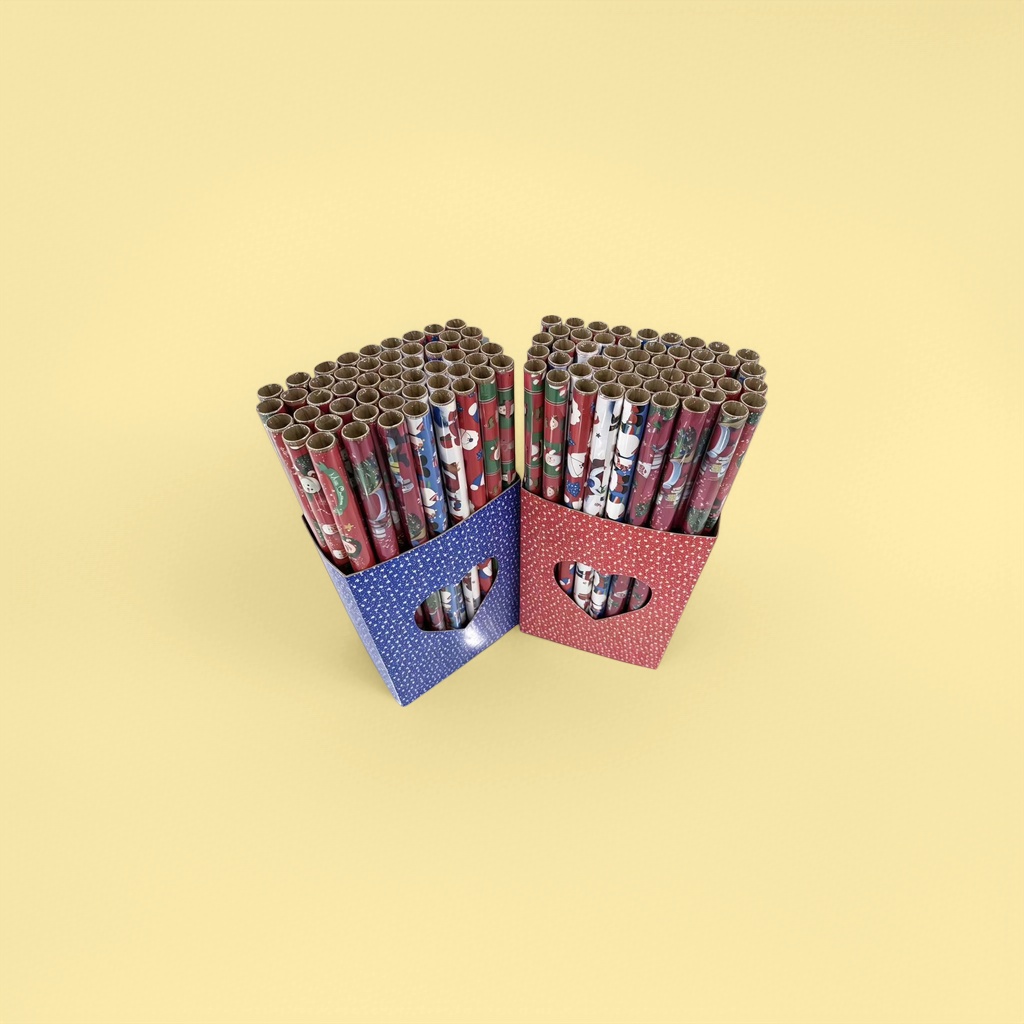 Two boxes of blue and red star-dotted heart-shaped hollowed-out gift boxes with colorful Christmas-themed roll wrapping paper details Picture