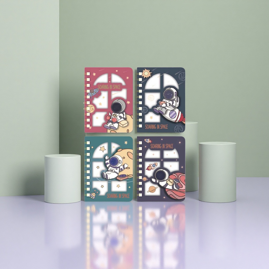 彩色太空主题线圈本 四款宇航员插画封面 SOARING IN SPACE 镂空窗格 80张80×108mm