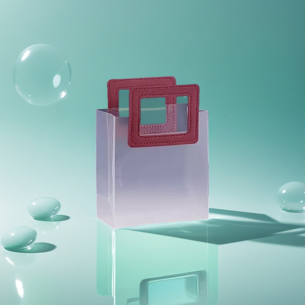 The transparent handbag with a red square leather handle is simple and fashionable. It has a large capacity and is foldable Specification image