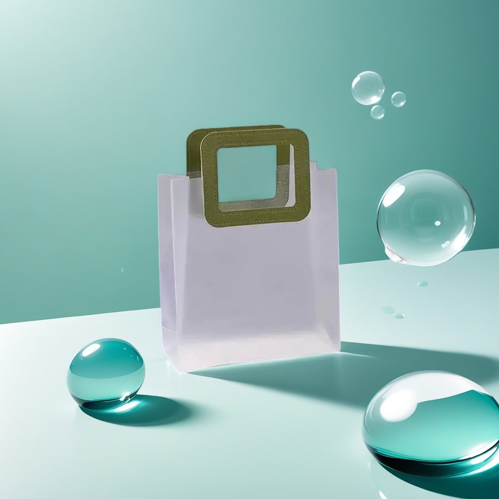 The transparent handbag with a red square leather handle is simple and fashionable. It has a large capacity and is foldable details Picture