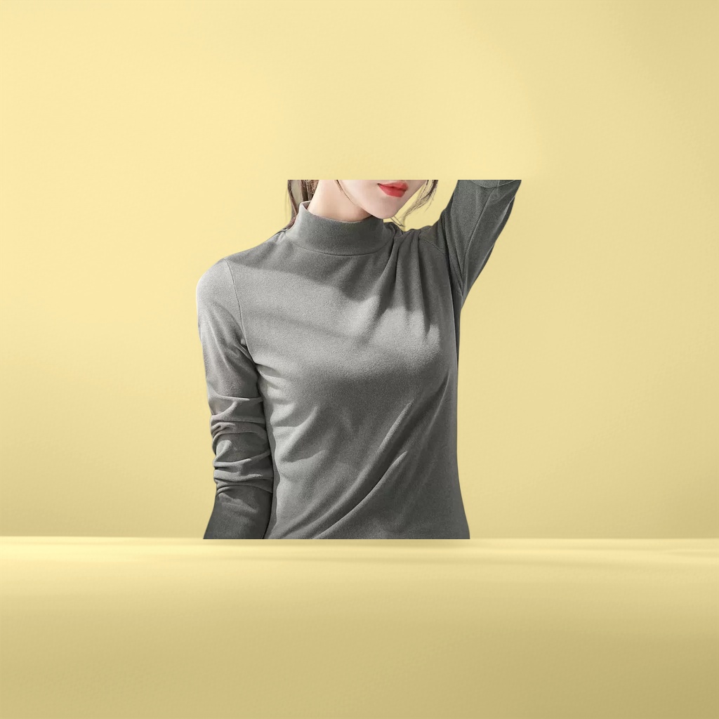 A grey high-neck long-sleeved top, a fitted pure cotton base layer, is a basic and versatile choice for autumn and winter