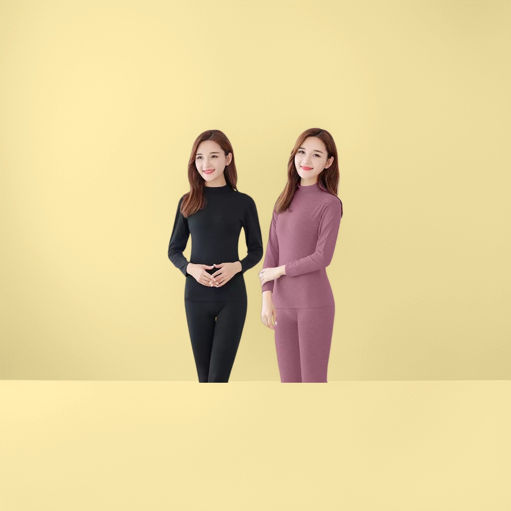 Black and purple long-sleeved high-neck thermal underwear set, the same style as the model