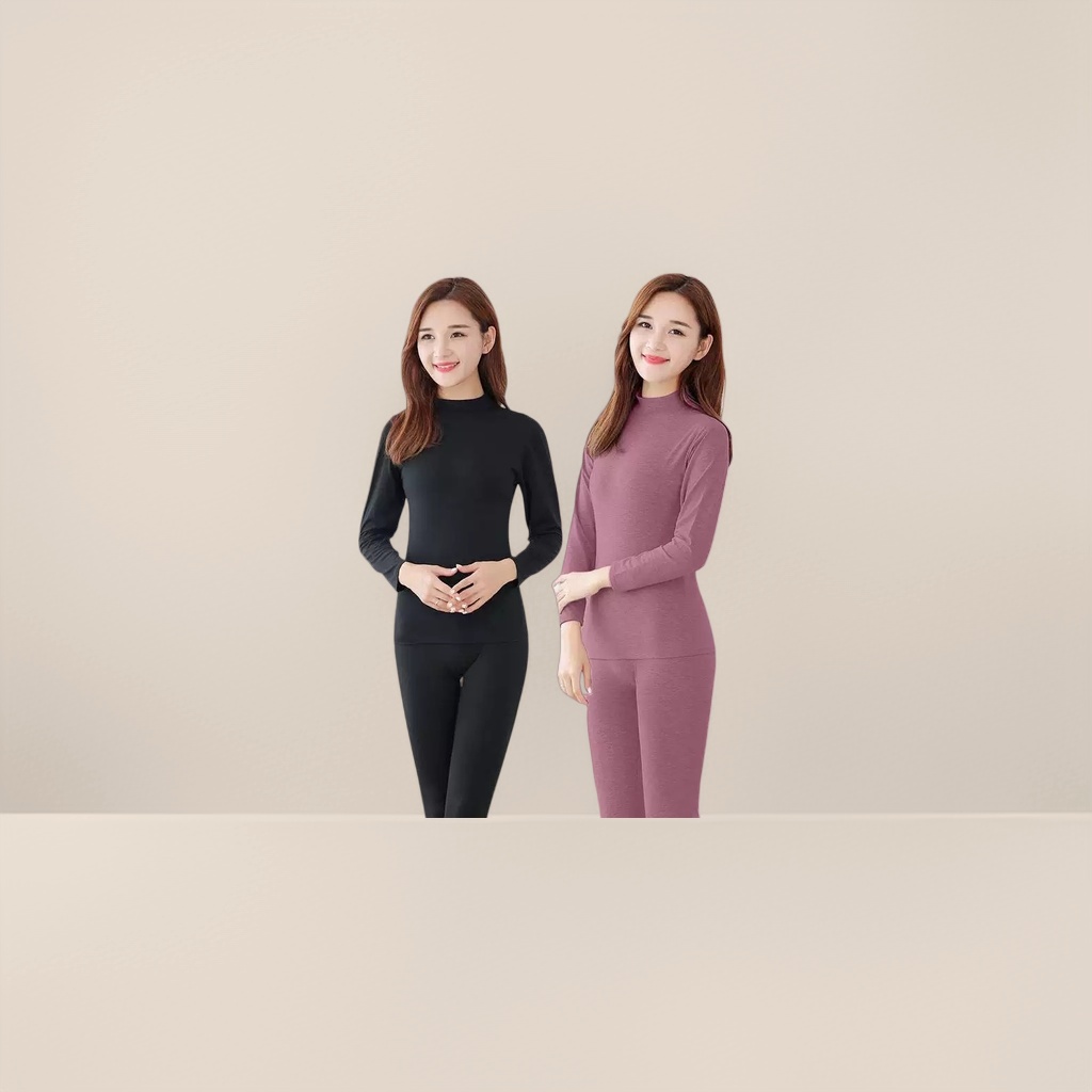 Black and purple long-sleeved high-neck thermal underwear set, the same style as the model Specification image