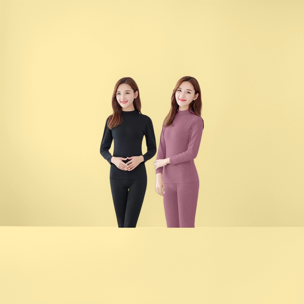 Black and purple long-sleeved high-neck thermal underwear set, the same style as the model details Picture