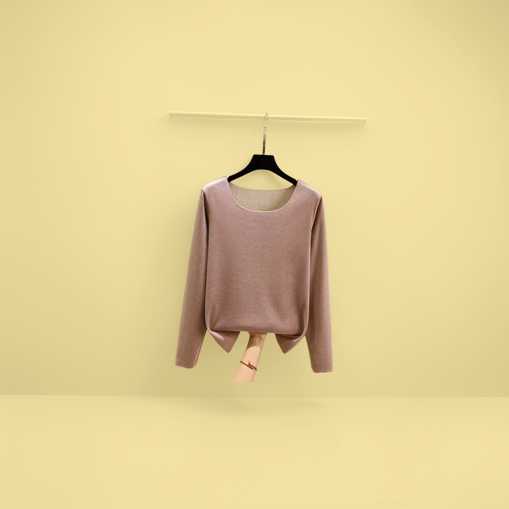 Pink warm long-sleeved top, a thin knitted base layer for women in spring and autumn