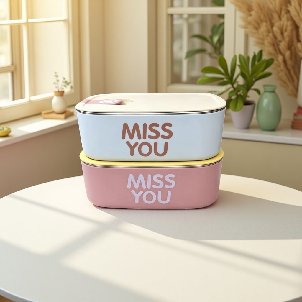 浅蓝粉色双层便当盒，印有“MISS YOU”字样细节图