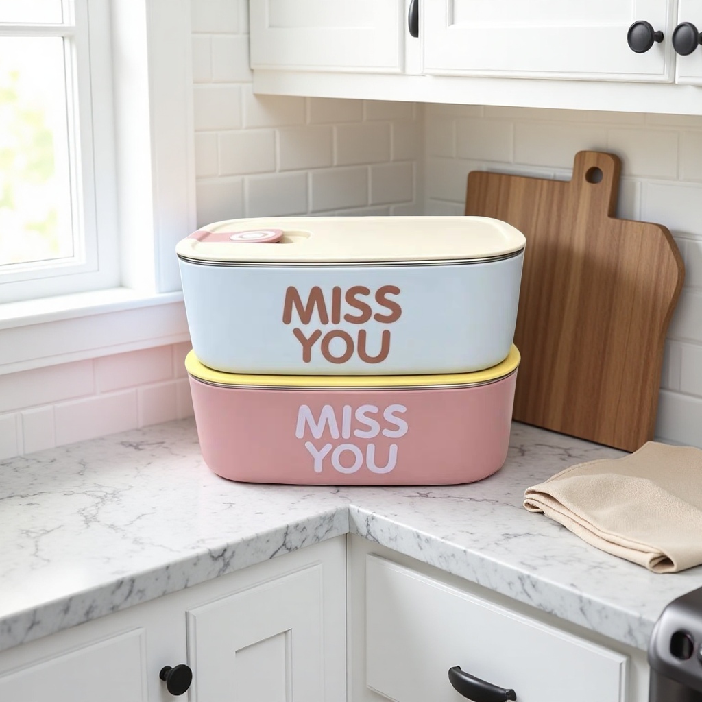 浅蓝粉色双层便当盒，印有“MISS YOU”字样产品图