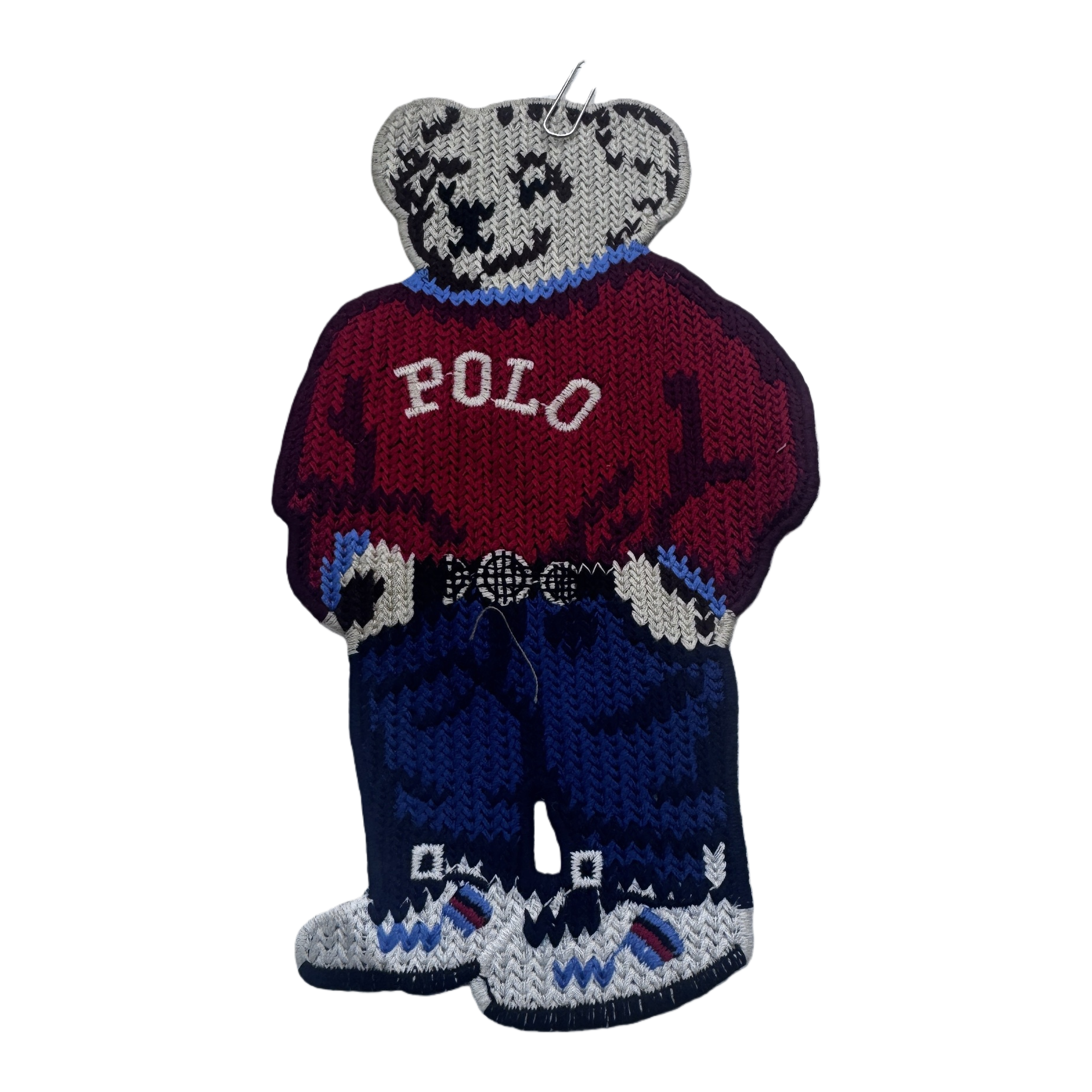 A cute knitted bear-shaped badge with a plush texture and a metal pin as an adorable accessory Item Picture