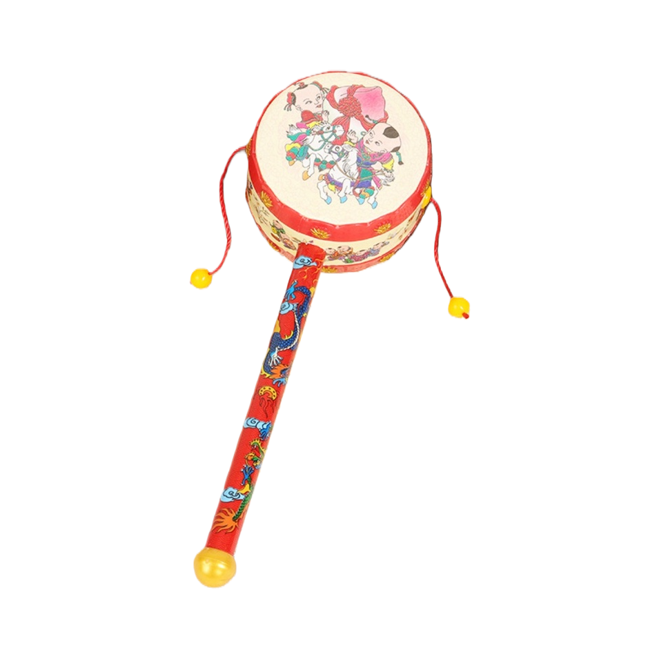 红色鼓面小鼓，鼓身绘有龙纹图案白底实物图