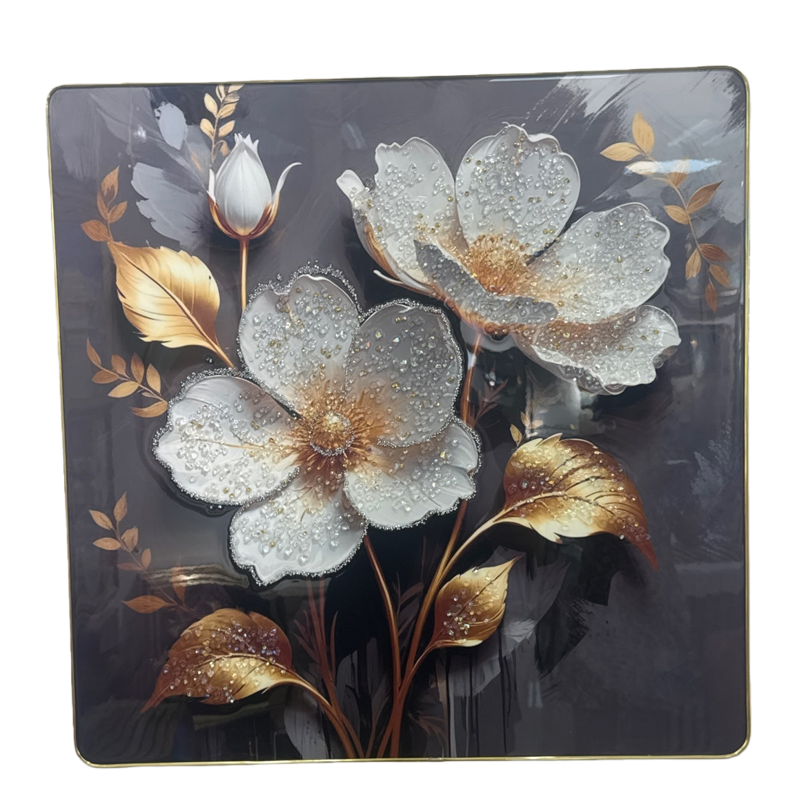 A decorative painting with golden borders, white flowers and golden leaves, and water droplets dotted on a dark grey ink-wash background Item Picture