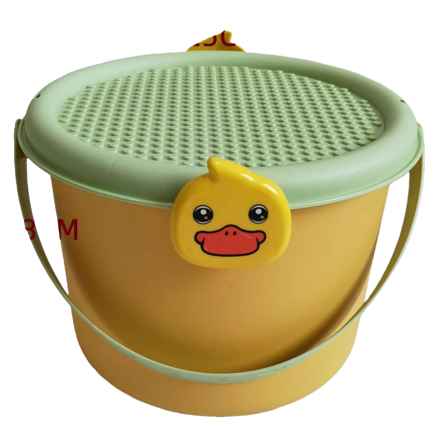 Yellow duck-shaped plastic bucket with light green lid handle and raised dot texture on the lid surface Item Picture