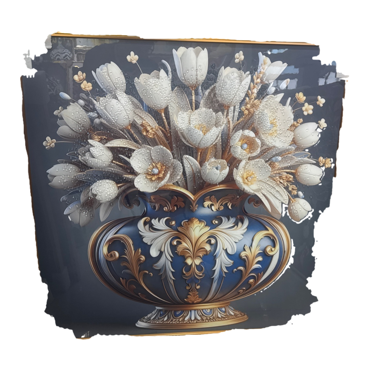 A blue gold-rimmed vase with white flower decorative painting, a home living room entrance hall decoration Item Picture