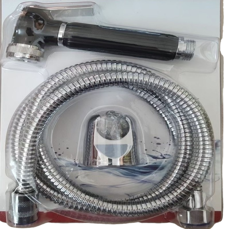 Silver metal hose with black nozzle household car wash water gun accessories Item Picture