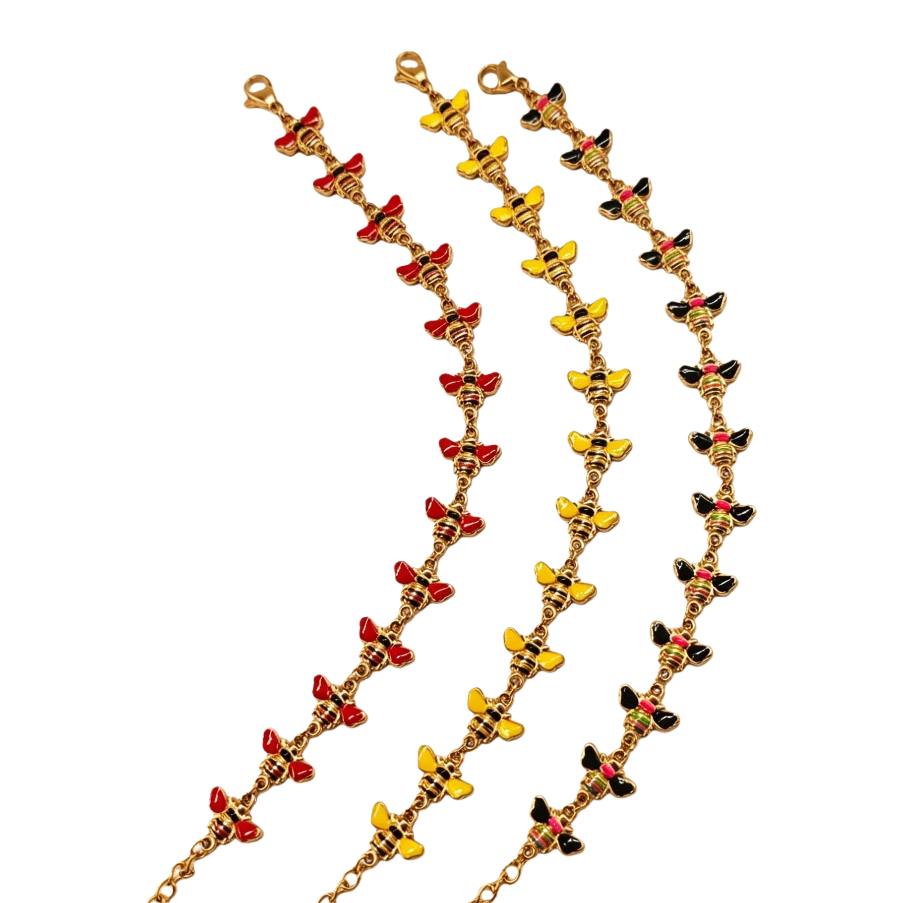 A golden bee-shaped bracelet with three strings of colorful bee pendants and a silk background Item Picture