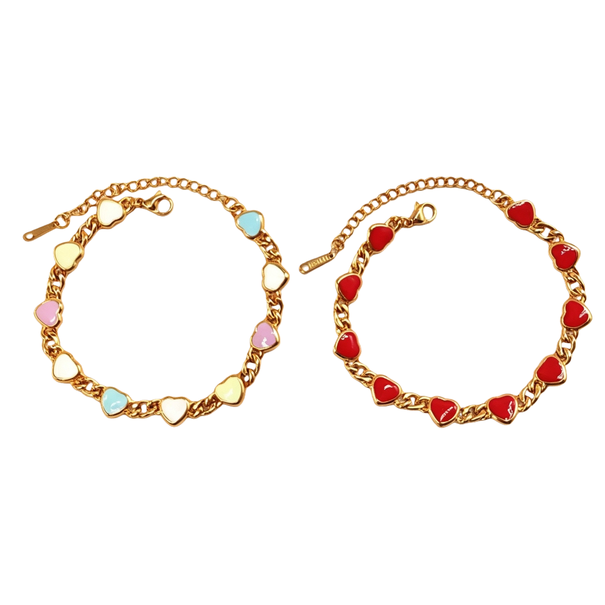 The golden chain heart-shaped bracelet has a multi-colored heart shape on the left and a red heart shape on the right Item Picture