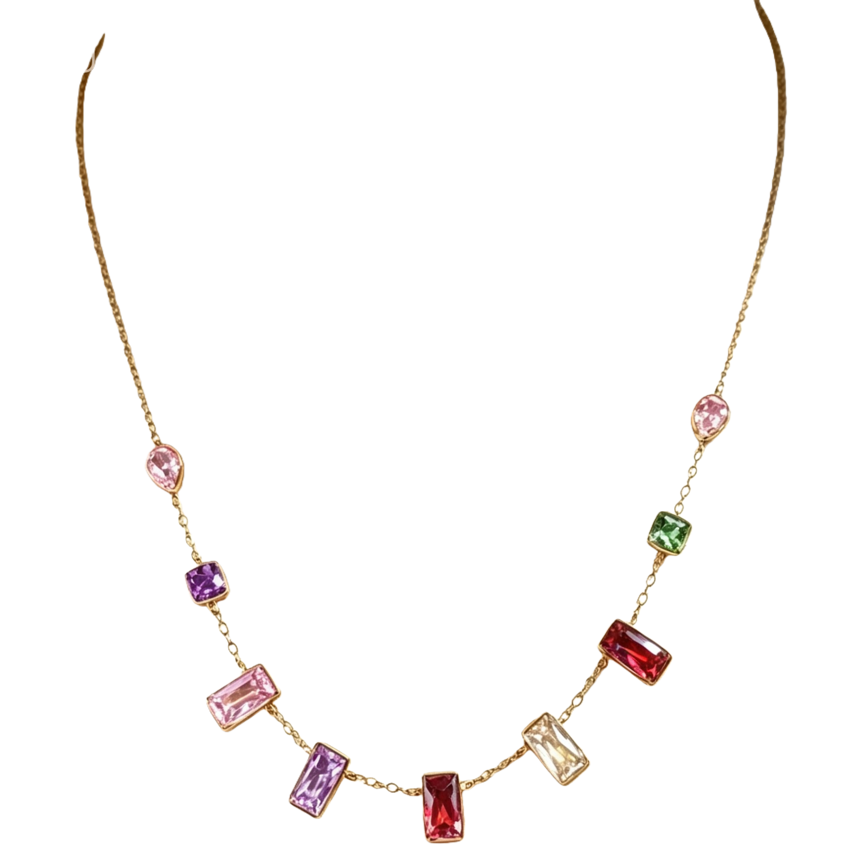 Golden chain, colorful gemstone necklace, fashionable and versatile collarbone chain for women Item Picture