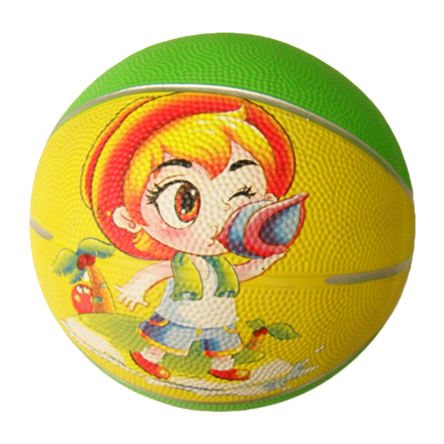 A green basketball with a purple cartoon dinosaur pattern printed on its surface, wearing a yellow headscarf with red dots, an orange outfit, and decorated with a small orange basketball and blue-green leaves Item Picture