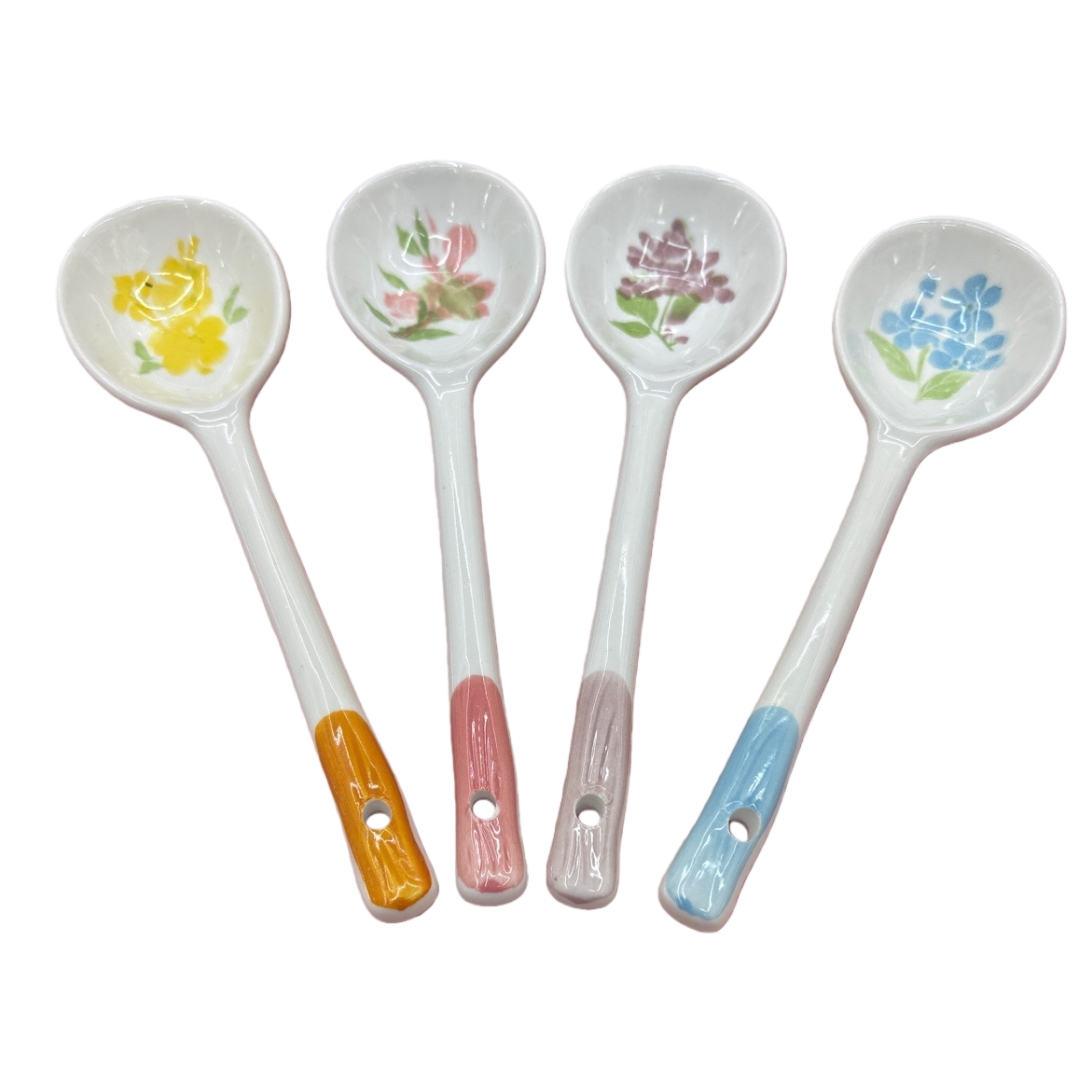 Four ceramic spoons with colorful floral patterns, household dessert and coffee mixing spoons Item Picture