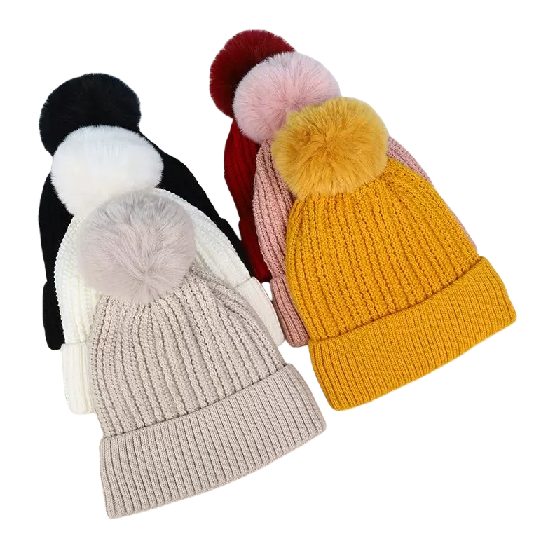 A colorful woolen cap decorated with pom-poms for warm autumn and winter knitted hats Item Picture