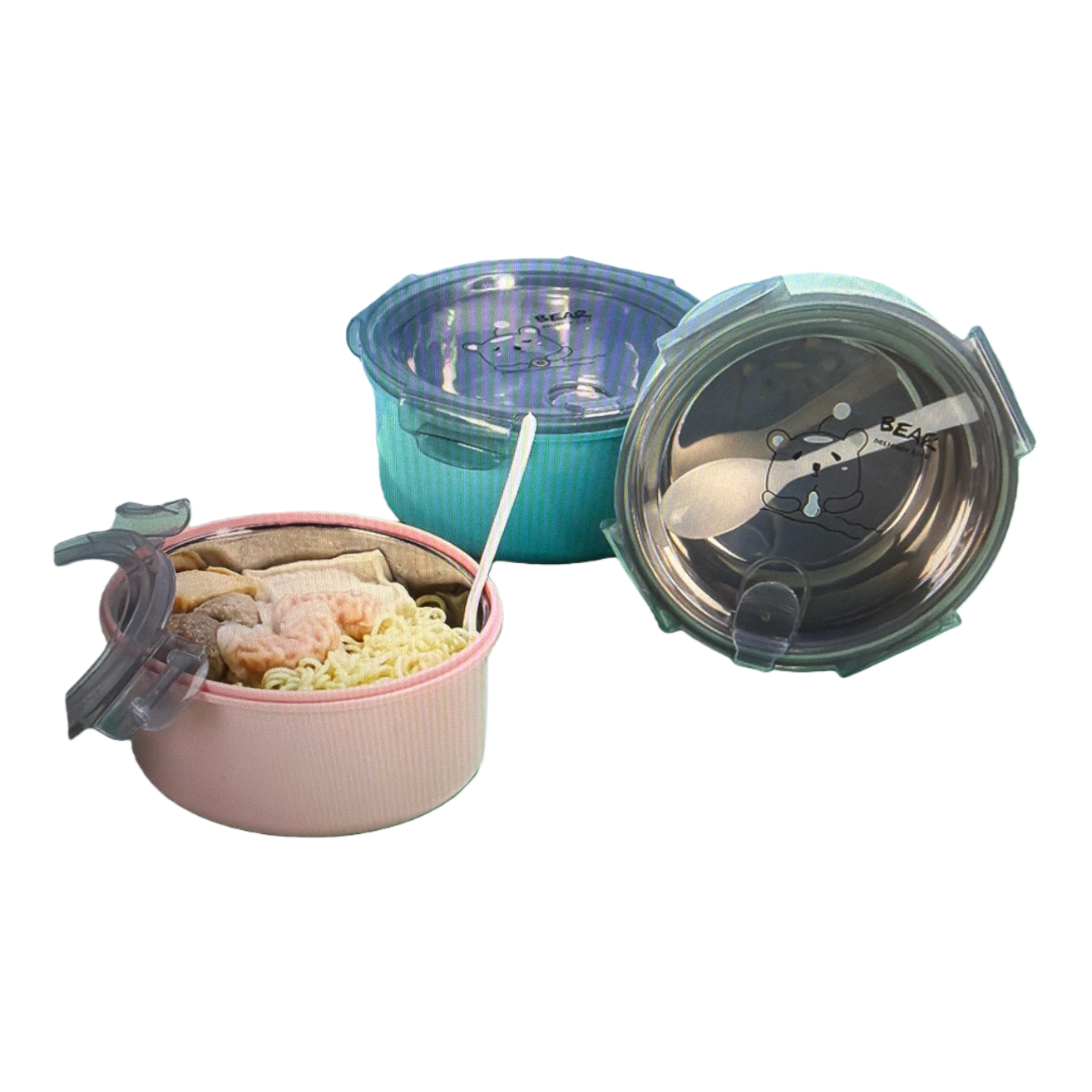 The pink and blue cartoon bear insulated lunch box contains a lid, a spoon and food in the inner liner Item Picture