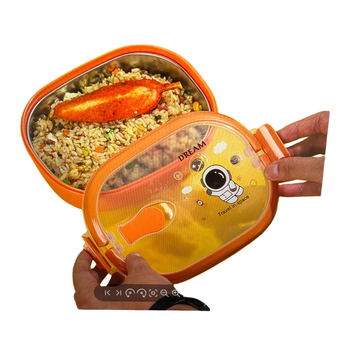 Orange space-themed lunch box with fried rice and grilled fish bento Item Picture