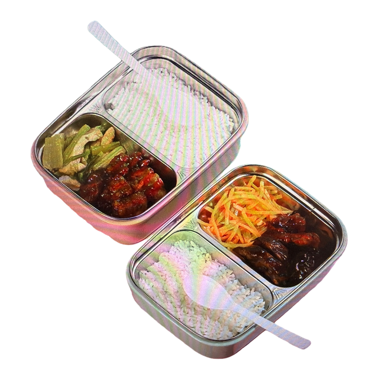 Metal compartments lunch box, white rice, braised pork, stir-fried vegetables bento box, lunch box Item Picture