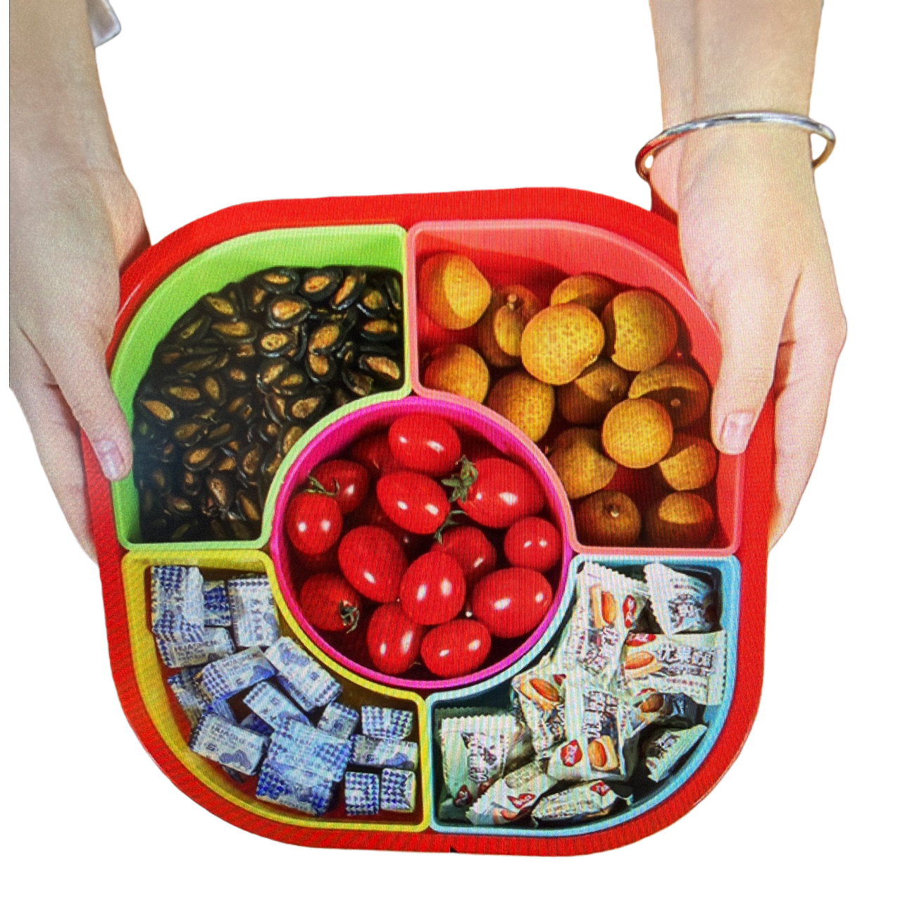 The colorful compartmented fruit plate contains black melon seeds, longans, cherry tomatoes, blue and white packaged candies, and white packaged snacks Item Picture
