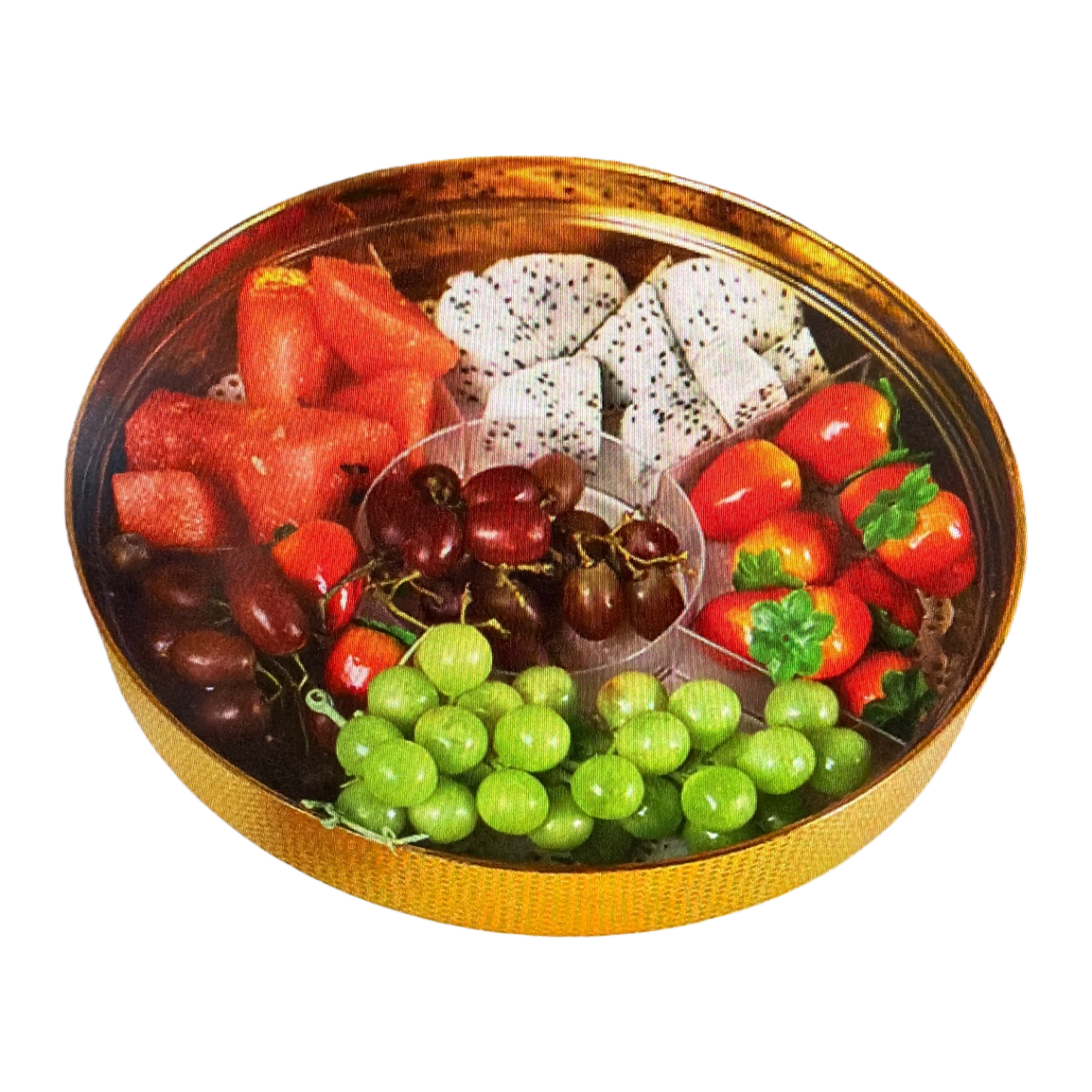 A golden fruit platter with compartments holds various fruits. It's a home living room coffee table fruit platter Item Picture